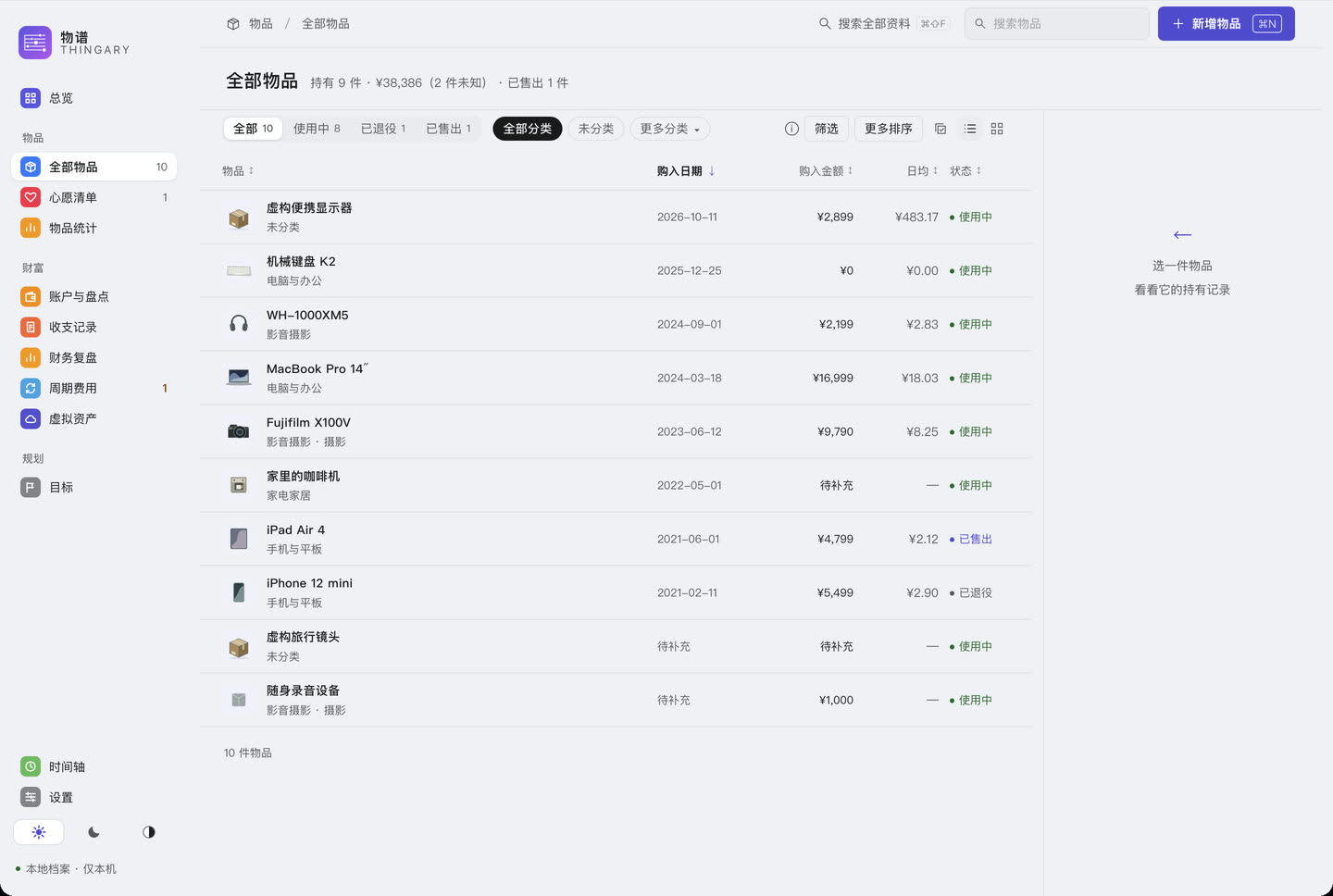 可选物品档案：虚构物品的照片、价格与持有成本